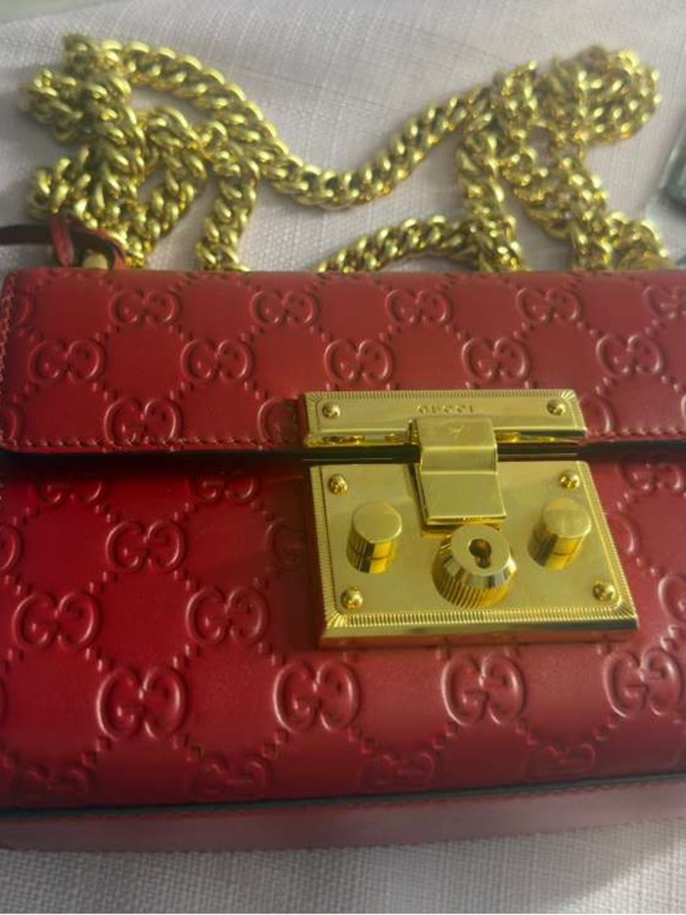 Gucci Red Embossed Leather Crossbody with Gold-Tone Chain